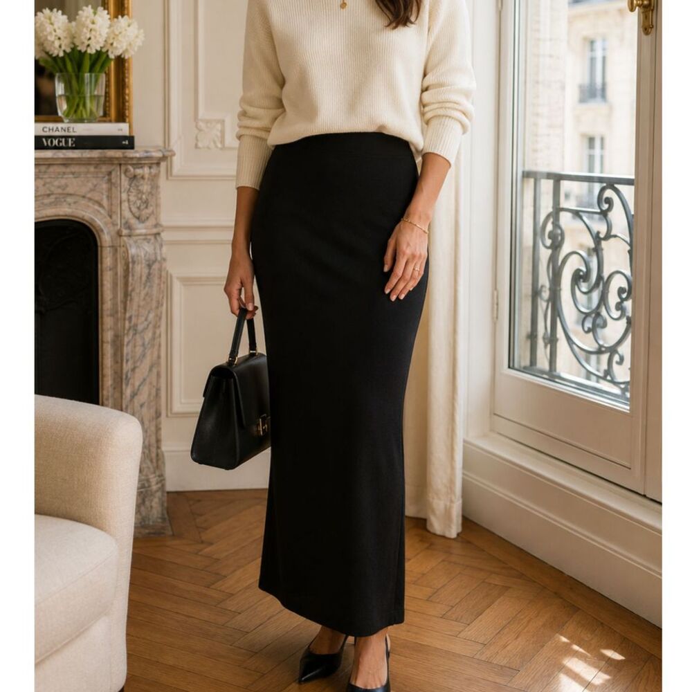 Saks Fifth Avenue Black Knit Maxi Pencil Skirt Minimalist Luxury Size L